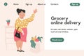 Grocery online delivery landing page template. Happy woman holding a purse and waving hand vector cartoon illustration Royalty Free Stock Photo