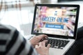 Grocery online shop to order food delivery from supermarket, Woman hands using laptop computer for shopping grocery store online, Royalty Free Stock Photo