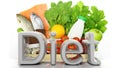 Grocery paper bag closeup with healthy products and Diet 3D word