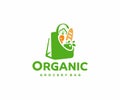 Grocery paper bag with food logo design. Reusable produce bag with healthy vegan vegetarian food vector design