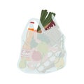 Grocery plastic package full of different food and drink vector flat illustration. Transparent disposable shopping bag