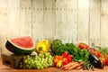 Grocery Produce Items on a Wooden Plank