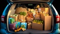 Grocery Run: Car Trunk Full of Fresh Produce and Dairy Products - ai generated