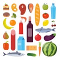 Grocery set. Milk, vegetables, meat, bread, cheese, sausages, wine, fruits, fish, cereal, juice. Vector illustration, flat design Royalty Free Stock Photo