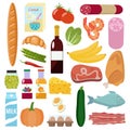 Grocery set. Milk, vegetables, meat, chicken, cheese, sausages, wine, fruits, fish, cereal, juice. Royalty Free Stock Photo