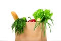 Grocery shop bag with vegetables, salad, bread and