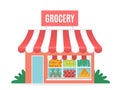 Grocery shop. Cartoon greengrocer store facade. Front view of isolated one-story building with awning and signboard