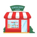 Grocery shop front. Store facade flat illustration. Eco, organic local store building exterior. Products on shelves. Fruits and Royalty Free Stock Photo