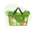 Grocery shopping basket with fresh green vegetables and root crops, savoy cabbage, bok choy, onion and garlic from local farm