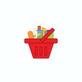 Grocery shopping basket full of healthy organic fresh and natural food. Flat thin line design Royalty Free Stock Photo