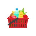 Grocery shopping basket vector illustration, full of healthy groceries products Royalty Free Stock Photo