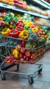 Grocery shopping cart brimming with fresh produce, abundant harvest