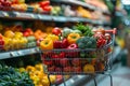 Grocery shopping cart brimming with fresh produce, abundant harvest