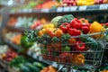 Grocery shopping cart brimming with fresh produce, abundant harvest