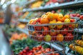 Grocery shopping cart brimming with fresh produce, abundant harvest