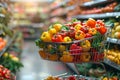 Grocery shopping cart brimming with fresh produce, abundant harvest