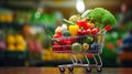 Grocery shopping cart filled with an assortment of fresh vegetables and fruits, AI-generated. Royalty Free Stock Photo