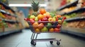 Grocery shopping cart filled with an assortment of fresh vegetables and fruits, AI-generated. Royalty Free Stock Photo