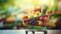 Grocery shopping cart filled with an assortment of fresh vegetables and fruits, AI-generated. Royalty Free Stock Photo