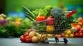 Grocery shopping cart filled with an assortment of fresh vegetables and fruits, AI-generated. Royalty Free Stock Photo