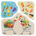 Grocery shopping cart. Full supermarket food basket healthy and unhealthy food concept vector illustration, shop cart Royalty Free Stock Photo