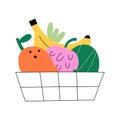 Grocery shopping cart full of various fruits, mango, banana and watermelon put into supermarket basket. Simple doodle