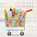 Grocery in a shopping cart. Vector illustration. Flat design. Royalty Free Stock Photo