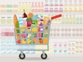 Grocery in a shopping cart. Vector illustration. Flat design. Royalty Free Stock Photo