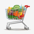 Grocery shopping cart on white. Full supermarket food basket vector illustration, shop cart with groceries goods