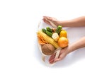 Grocery shopping with eco bag over white background with hands. Zero waste and plastic free concept. Flat lay. Copy space Royalty Free Stock Photo