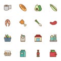 Grocery shopping filled outline icons set