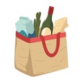 Grocery shopping, food in paper bag or textile handbag