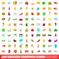 100 grocery shopping icons set, cartoon style Royalty Free Stock Photo