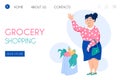 Grocery shopping landing page template. Happy woman holding a purse and waving hand vector cartoon illustration Royalty Free Stock Photo
