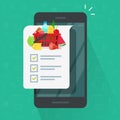 Grocery shopping list app on cellphone or smartphone vector illustration, flat cartoon mobile phone and food products