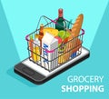 Grocery shopping online concept. Smartphone screen with supermarket basket.