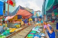 The grocery stalls in Maeklong Railway Market, Thailand Royalty Free Stock Photo