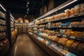 grocery store aisle filled with healthy snacks, drinks and ready-to-eat meals for vegans