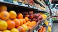 A grocery store aisle with many different fruits and vegetables, AI Royalty Free Stock Photo