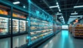 Grocery store aisle overlaid with glowing digital graphs analytics. Data-driven retail strategies. Visualization of inventory Royalty Free Stock Photo
