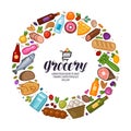 Grocery store, banner. Food, drinks set icons. Vector illustration