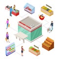 Grocery store concept. Isometric vector market customer. Shopping, supermarket products, persons in retail shop buying