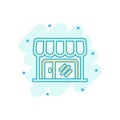 Grocery store icon in comic style. Shop building vector cartoon illustration on white isolated background. Market boutique