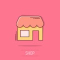 Grocery store icon in comic style. Shop building vector cartoon illustration on white isolated background. Market boutique