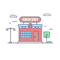 Grocery store line icon in trendy colors. Small cute shop front