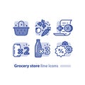 Food shopping, grocery basket, fresh vegetables line icon, reward loyalty program, discount beverage, soda cans offer