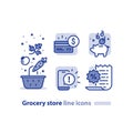 Food shopping, grocery basket, vegetables line icon, reward loyalty program, earn points every purchase