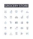 Grocery store line icons collection. Convenience store, Supermarket, Provision store, Corner shop, Market stall