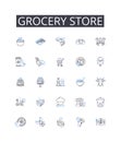 Grocery store line icons collection. Convenience store, Supermarket, Provision store, Corner shop, Market stall