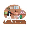 Grocery store. Man with shopping trolly full of food products, flat vector illustration. Royalty Free Stock Photo